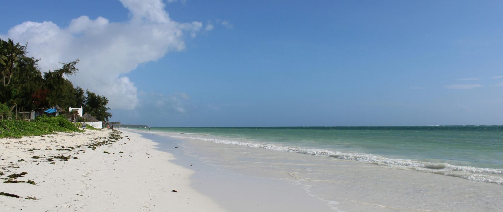 Idyllic white sand beach and azure ocean under clear skies in Zanzibar, Tanzania.